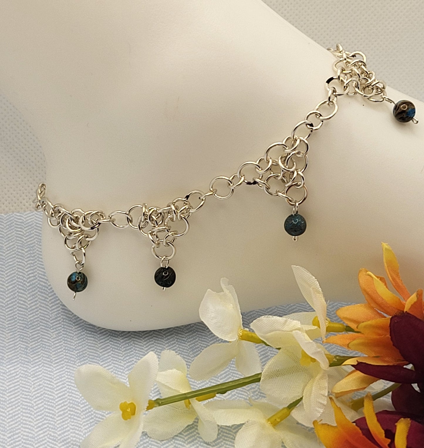 silver anklet with purple jasper beads