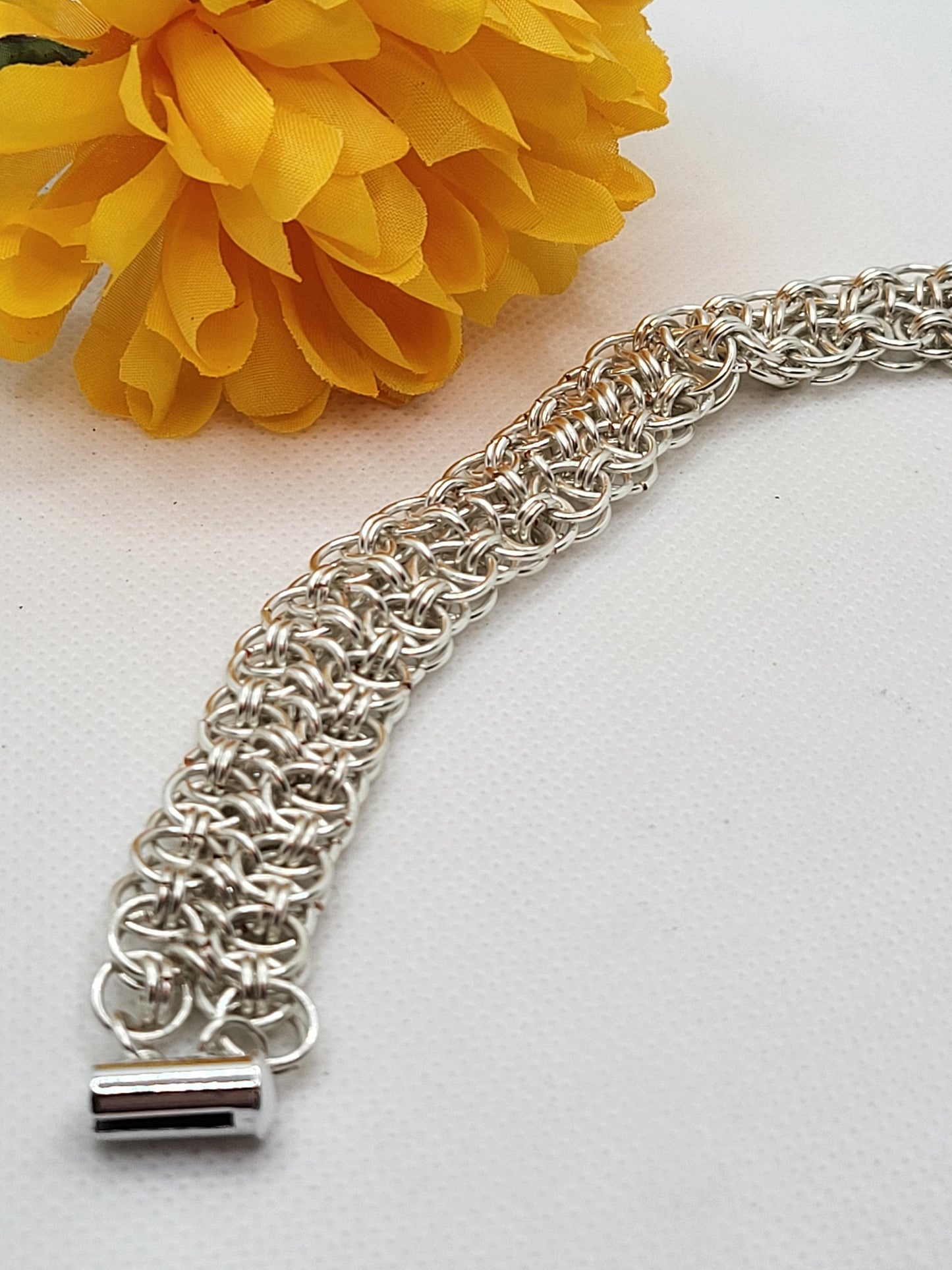 Silver chain mail bracelet with slide clasp
