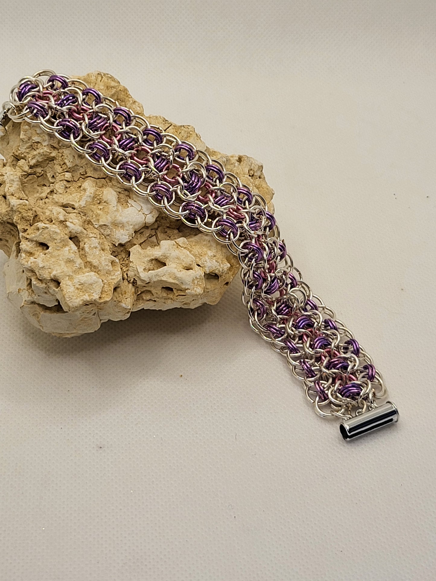 Purple, pink, and silver chain mail bracelet