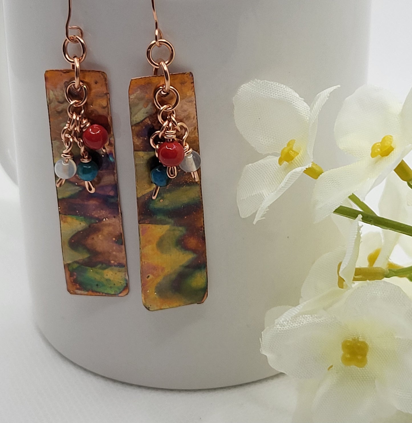 Rectangular Flame Painted Copper Earrings