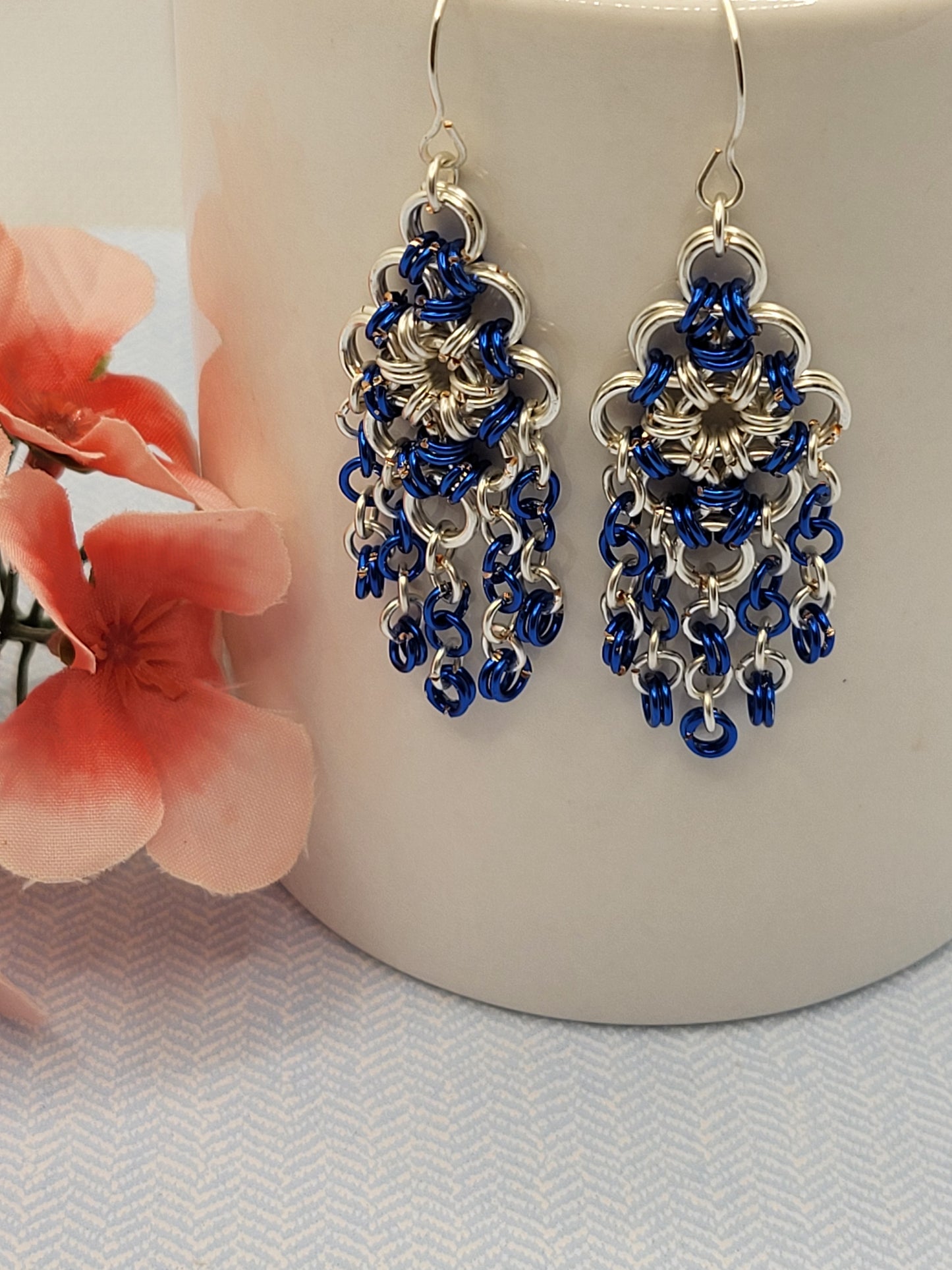 Blue and Silver Chain Mail Earrings