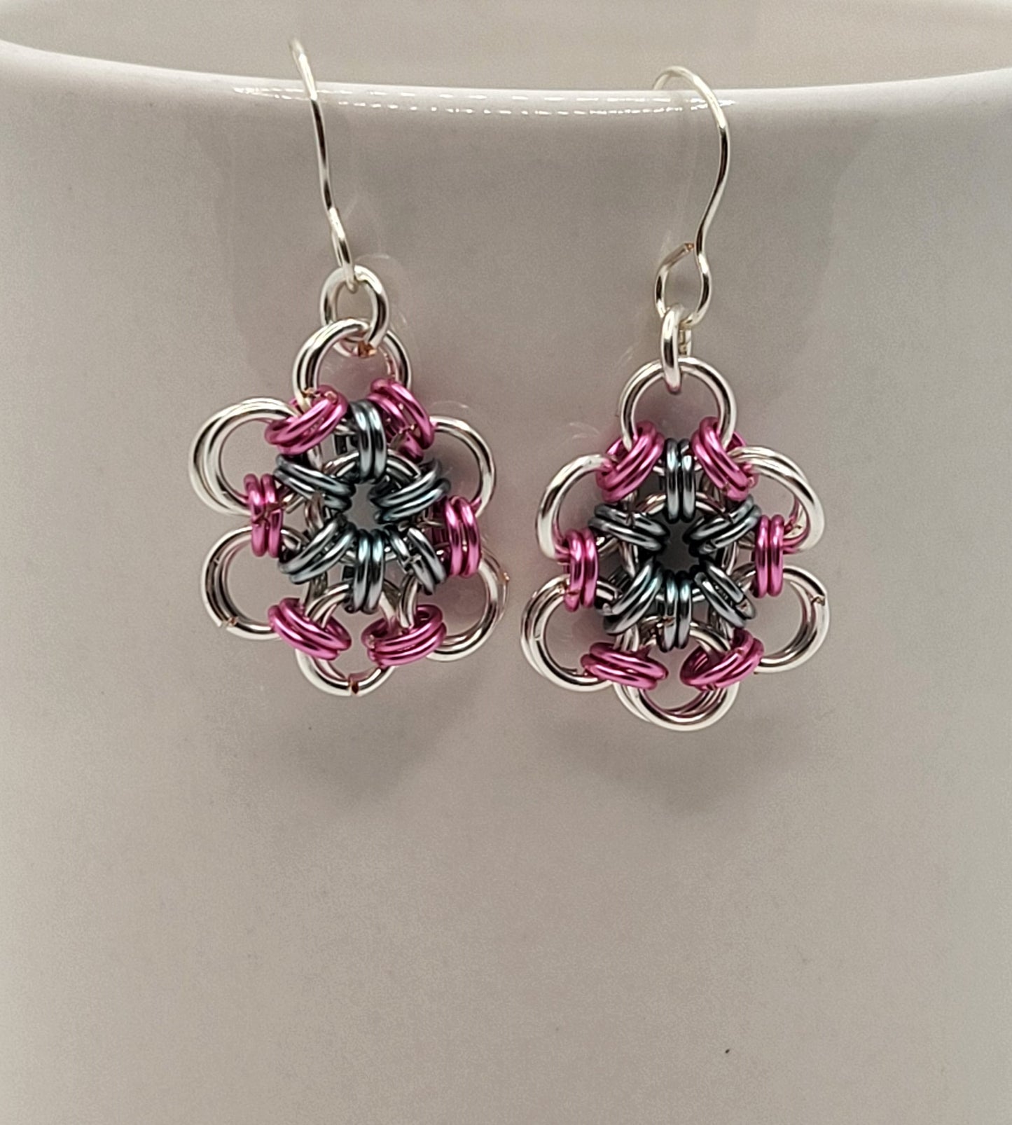 Silver, pink, and blue chain mail circle earrings