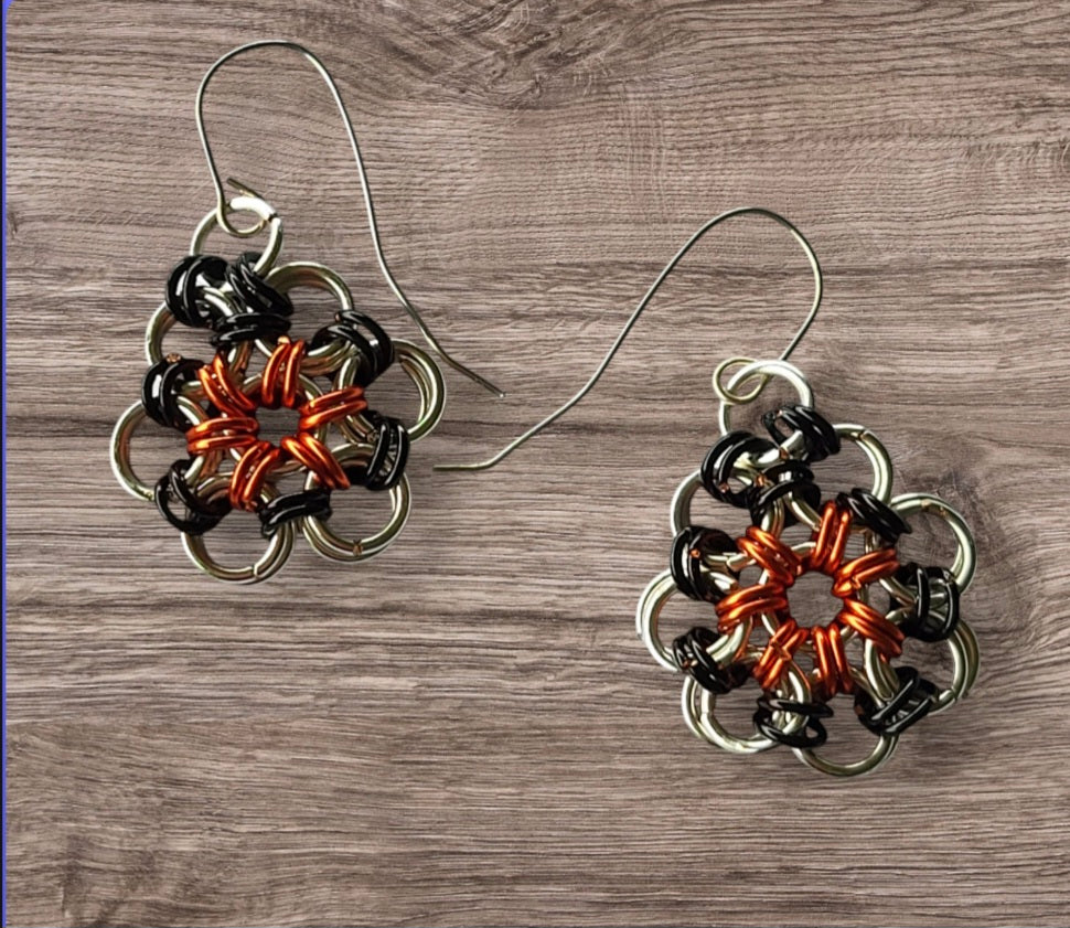 Orange and Black Chain Mail Circle Earrings