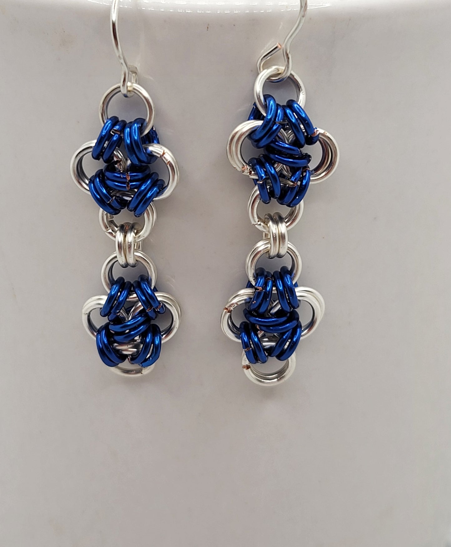 Blue and Silver Criss-Cross Chain Mail Earrings