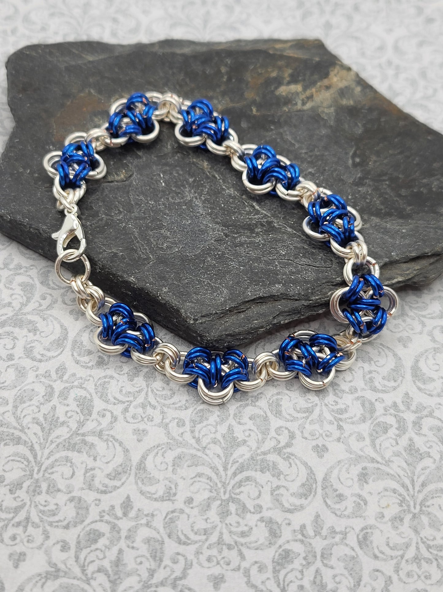 Blue and Silver Criss-Cross Chain Mail Bracelet