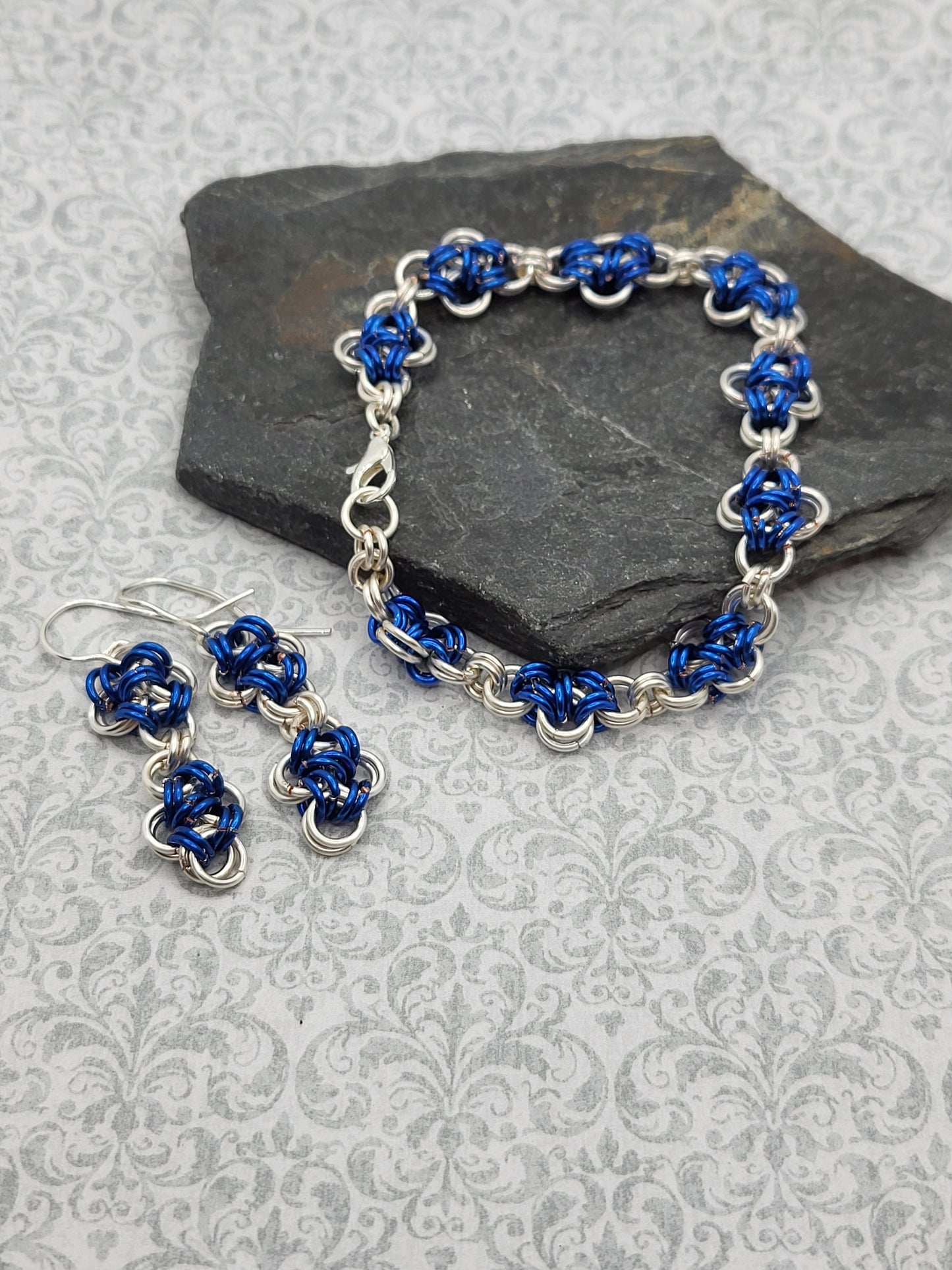 Blue and Silver Criss-Cross Chain Mail Bracelet