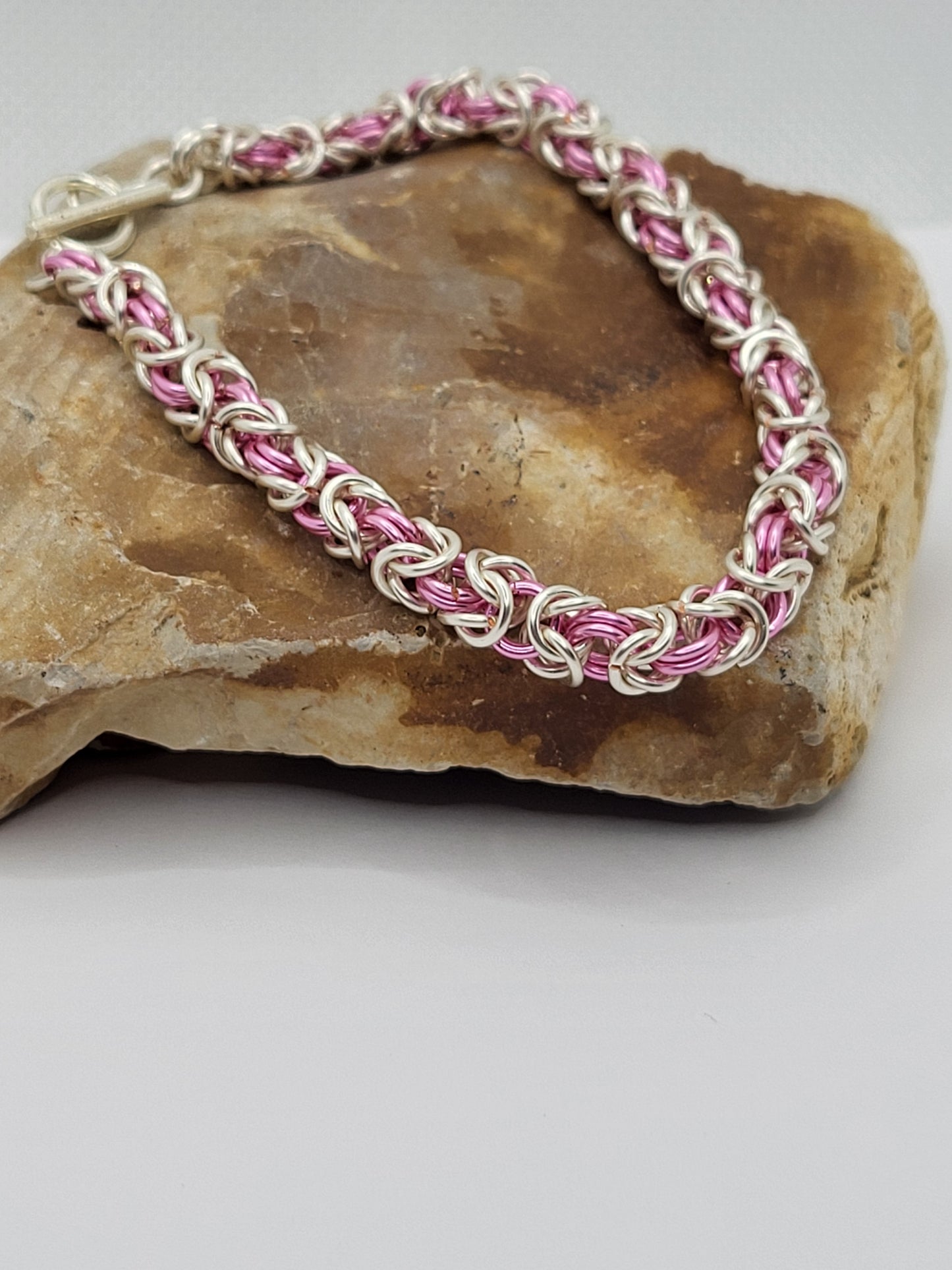 Pink and Silver Byzantine Weave Bracelet
