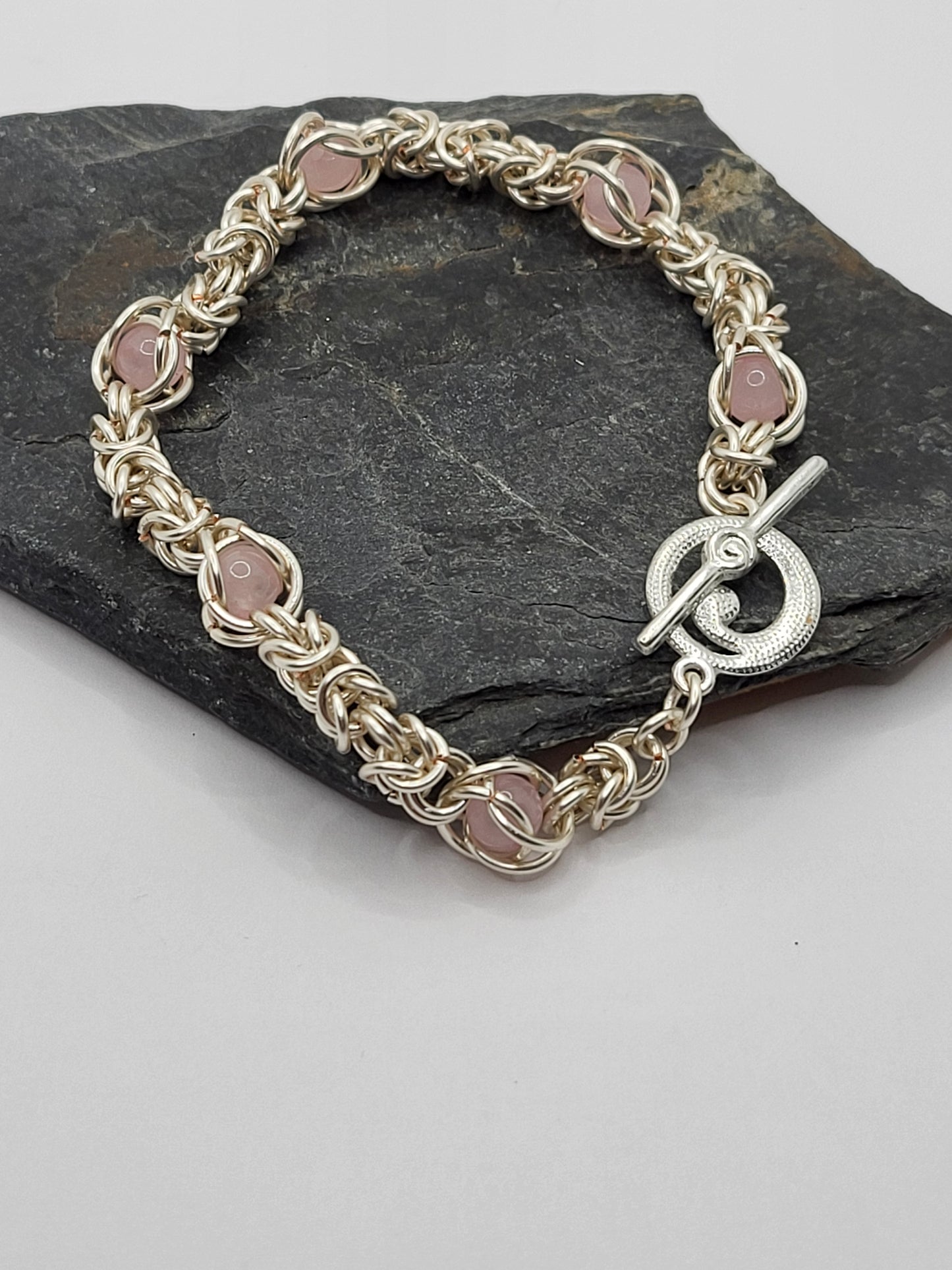Silver-Tone Byzantine Chain Mail Bracelet with Rose Quartz Beads