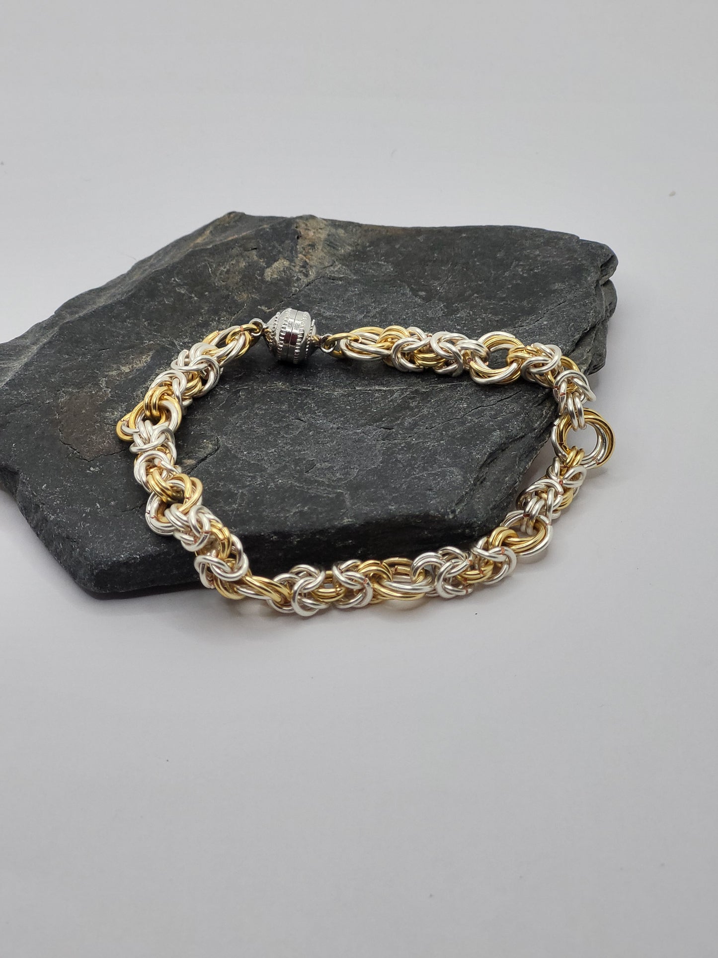Silver and Gold Tone Byzantine Chain Mail Bracelet
