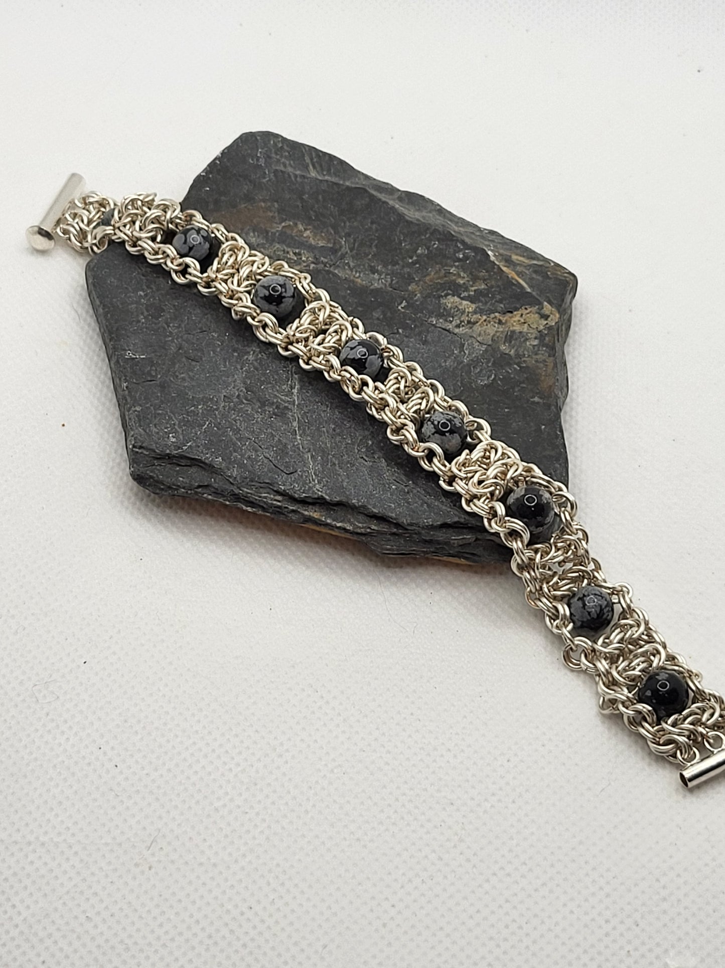 1/2 Inch Chain Mail Bracelet with Grey Beads