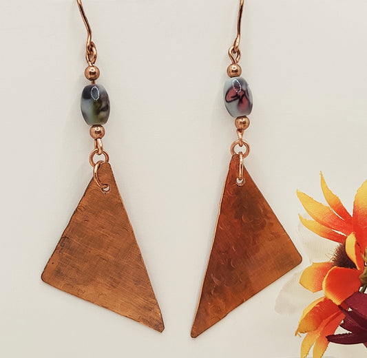 Triangle copper earrings with ceramic beads